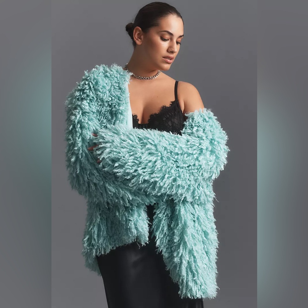 New Maeve x Anthropologie Mint Green Faux Fur Shaggy Cardigan Jacket sz MP M P